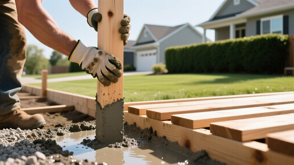Contractor setting a pressure-treated pine 4x4 post in wet concrete for a board-on-board wooden fence on a sunny suburban property