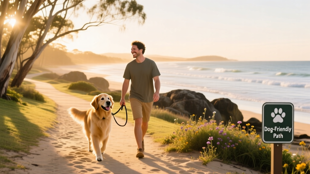A dog and owner walking along a scenic, dog-friendly coastal path in Noosa Heads.