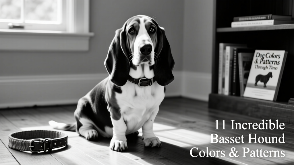 A classic black-and-white Basset Hound sitting calmly, showcasing clear color contrast and typical facial markings