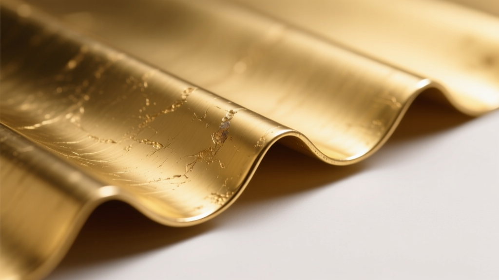 Macro shot of a metal pleat edge showing the gradient of gold plating wear, revealing the raw yellow brass base underneath.