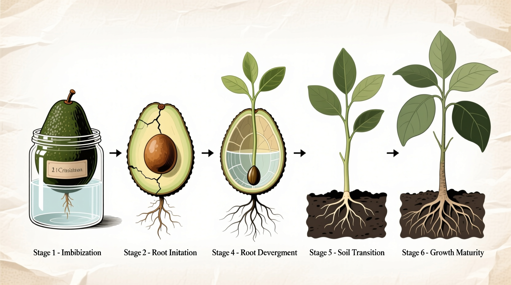 Avocado seed germination process stages
