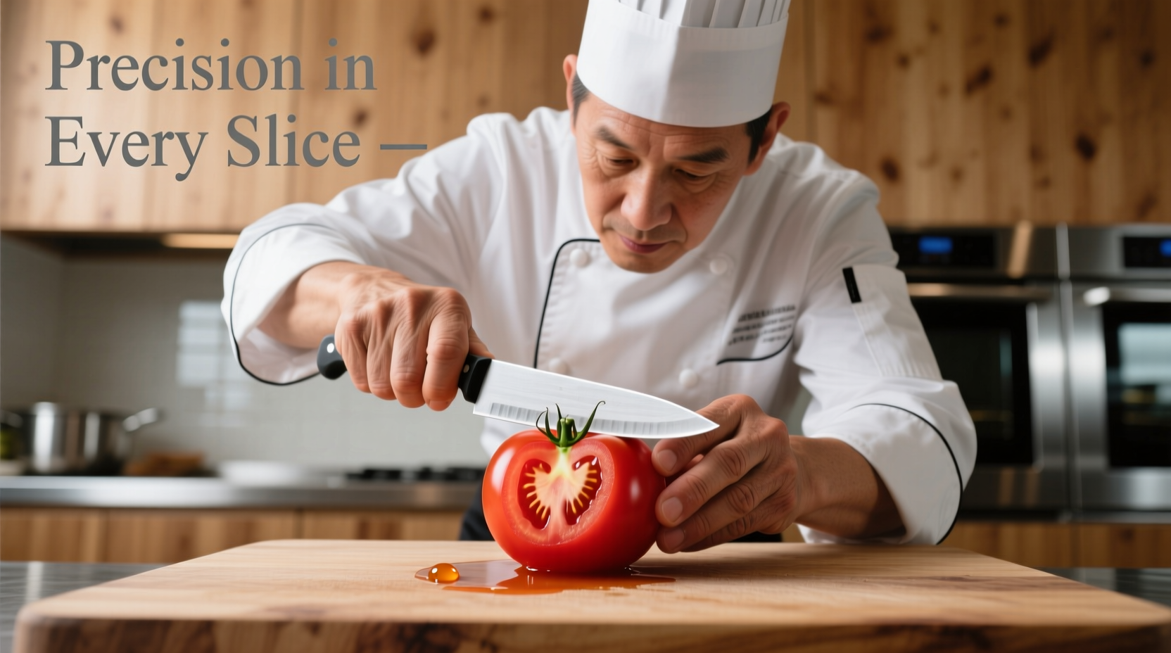 Professional chef coring a ripe tomato with paring knife