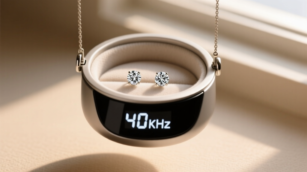 Overhead view of an ultrasonic jewelry cleaner basket holding diamond stud earrings, digital display showing 40kHz frequency