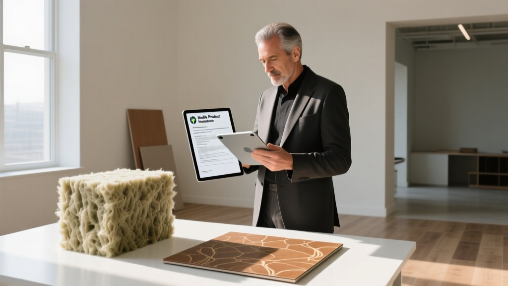 Architect examining Health Product Declarations on a tablet beside samples of mineral wool insulation and natural linoleum flooring