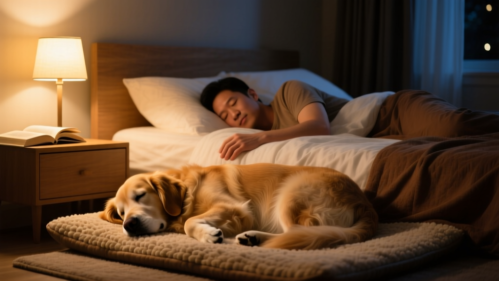 A serene nighttime scene: a dog curled up on a soft mat beside a human’s bed, both peacefully asleep