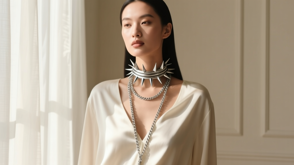 Model wearing a layered spiked silver choker and a longer rope chain, contrasting edgy hardware with a soft, draped silk blouse.