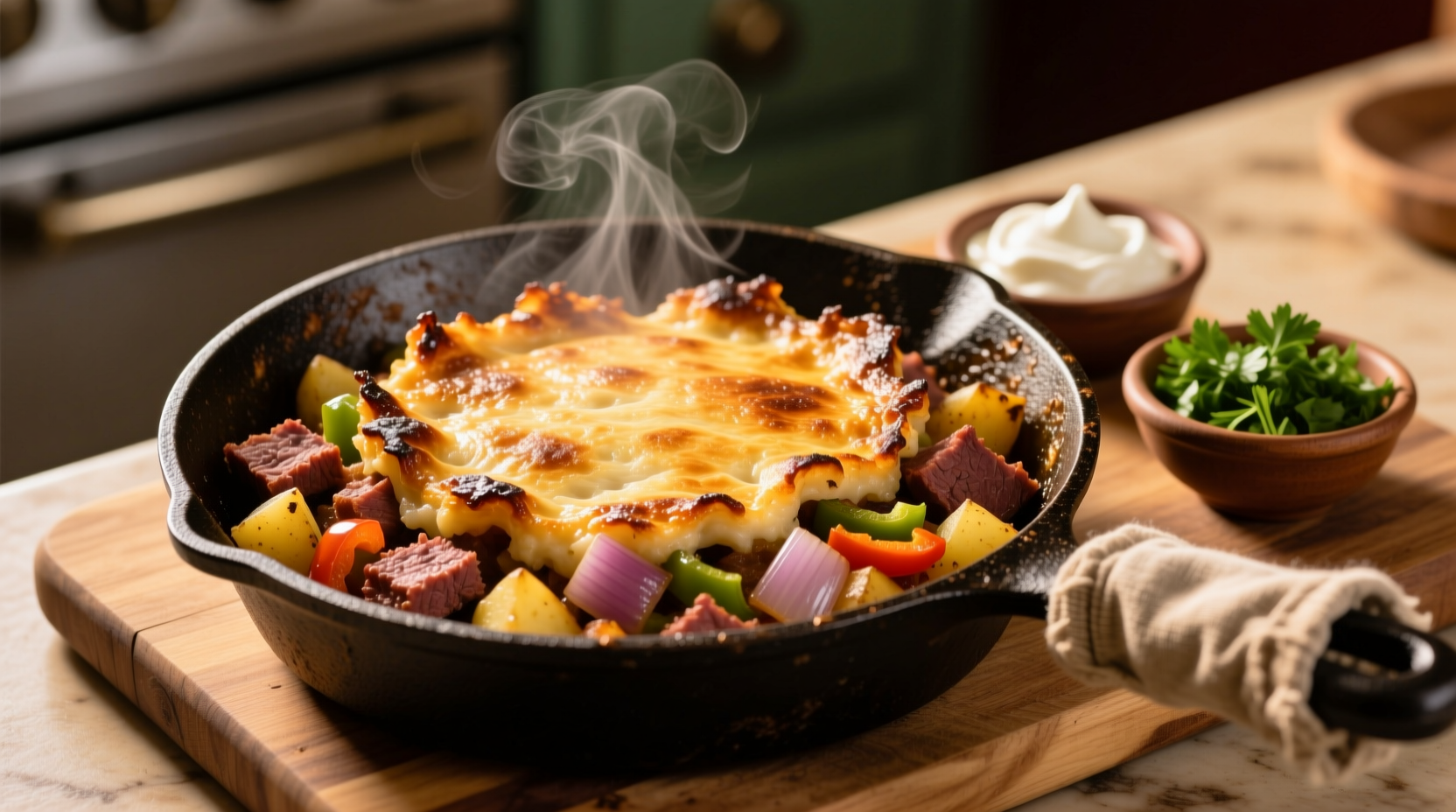 Traditional corned beef hash in cast iron skillet
