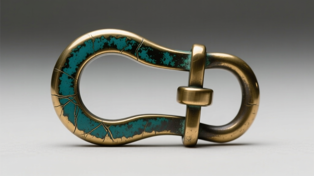 Macro photography of an antique brass C-clasp with a simple T-bar hinge and no safety catch, showing natural patina and wear