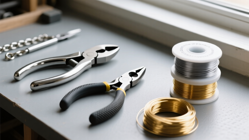 Top-down view of a workbench featuring flush cutters, chain-nose pliers, and spools of 20-gauge niobium and 14k gold-filled wire.