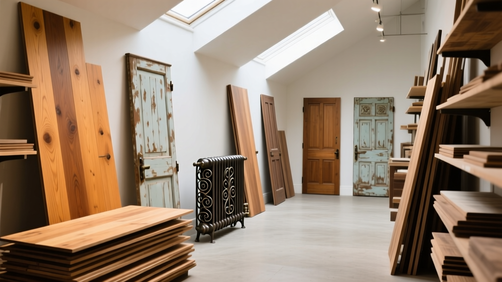Interior of a well-lit building material thrift store featuring stacked reclaimed oak flooring, vintage cast iron radiators, and salvaged wooden doors