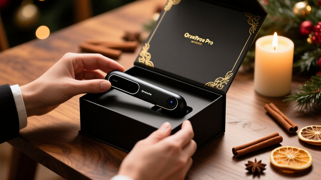 Close-up of hands unboxing a sleek black OrCam MyEye Pro device from a premium gift box on a wooden holiday table with warm lighting