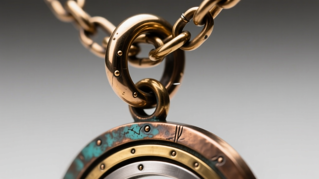 Loupe view of a soldered jump ring connecting a heavy bronze chain to a mixed-metal artisan pendant under bright bench lighting