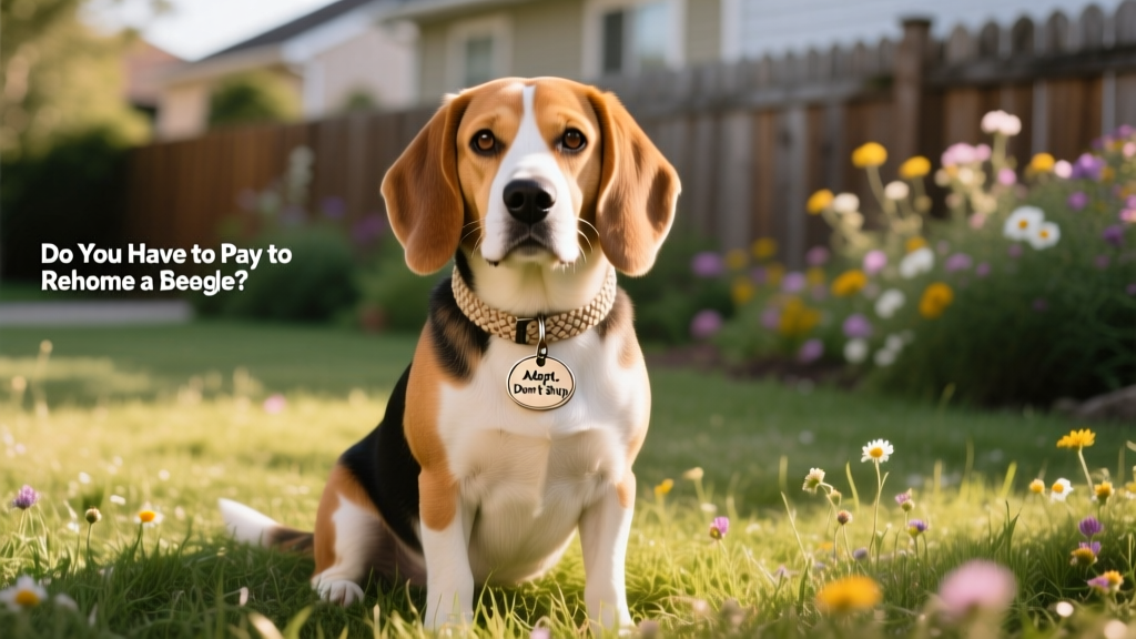 A gentle Beagle sitting calmly on a grassy patch, wearing a soft collar with a small tag