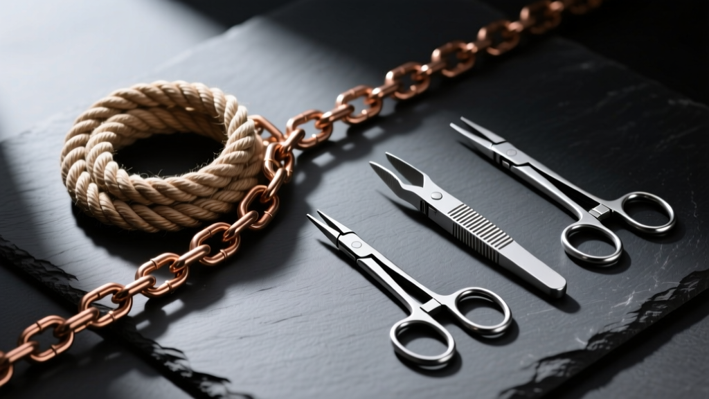 Flat lay of rope and box chains next to surgical steel tweezer clamps on a dark slate surface with dramatic directional lighting