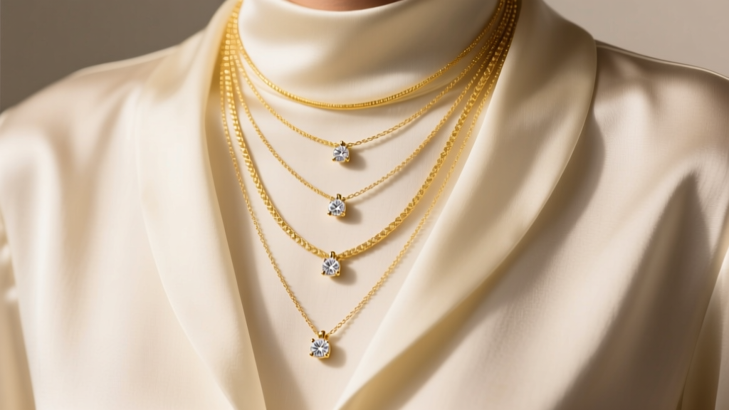 Layered 14k yellow gold necklaces with 4mm diamond pendants resting on a cream silk blouse under soft, warm studio lighting.