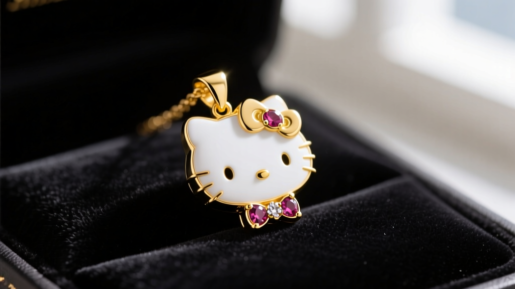 Close-up of a 14k yellow gold Hello Kitty pendant on dark velvet, highlighting pristine white enamel and a small ruby bow accent
