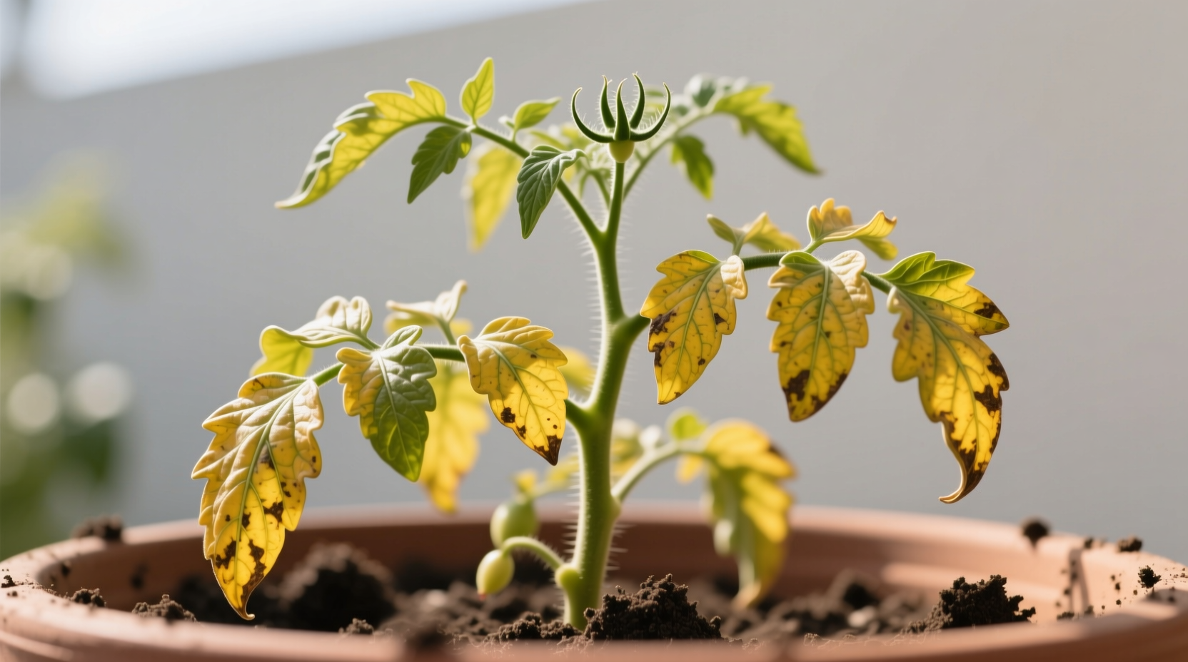 Early spring container garden showing uniform leaf yellowing in tomatoes indicating nitrogen deficiency during fruiting season when nutrient demand peaks
