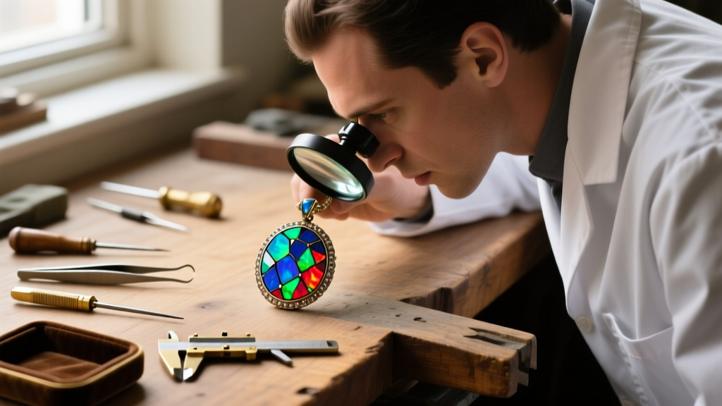 Jeweler using a loupe to inspect the bezel of a crushed opal mosaic pendant on a wooden workbench with scattered metal tools