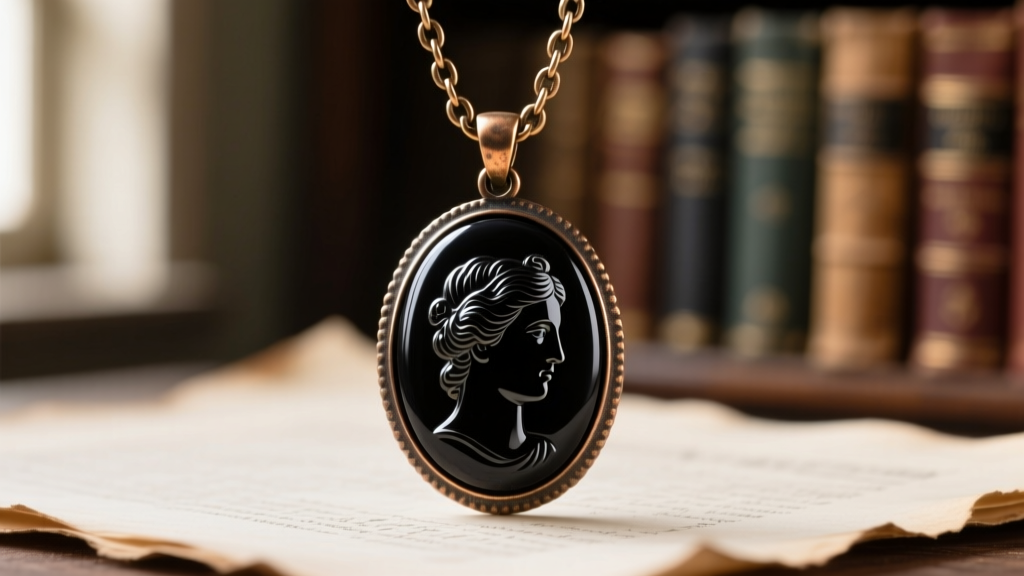 Macro shot of a dark academia cameo pendant with a black onyx silhouette suspended from an oxidized brass rolo chain necklace.