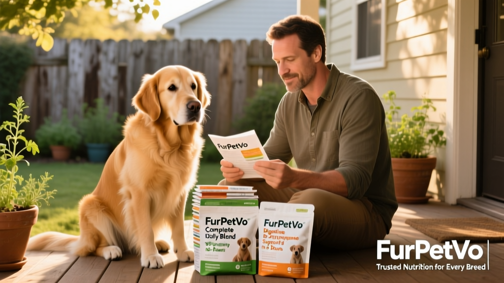 Dog owner reviewing pet nutrition labels and supplement options from FurPetVo