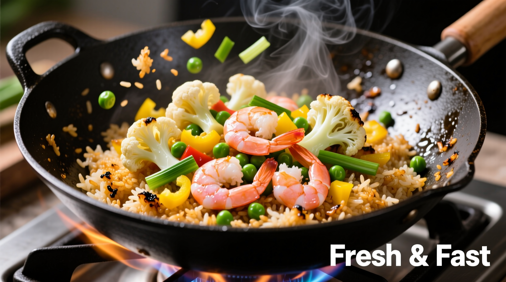 Cauliflower shrimp fried rice in wok with fresh ingredients