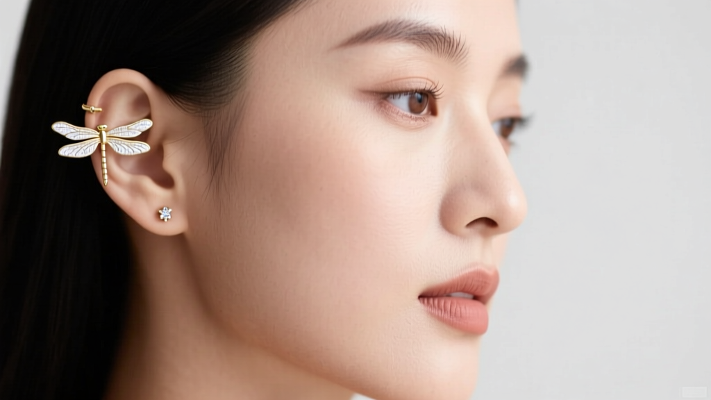 Close-up of a woman wearing 14k white gold dragonfly ear cuffs and small studs, showing helix and lobe placement in soft lighting.