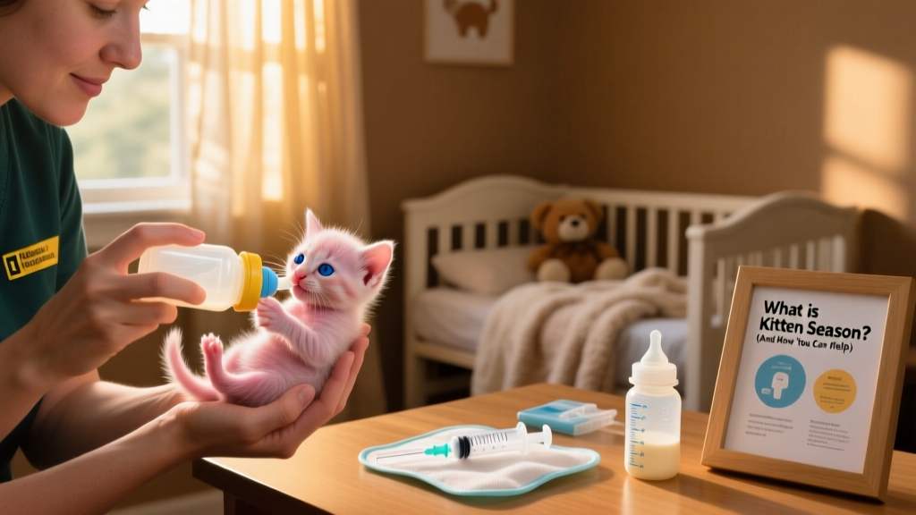 A volunteer gently bottle-feeding a tiny neonatal kitten in a quiet, warm room with medical supplies nearby