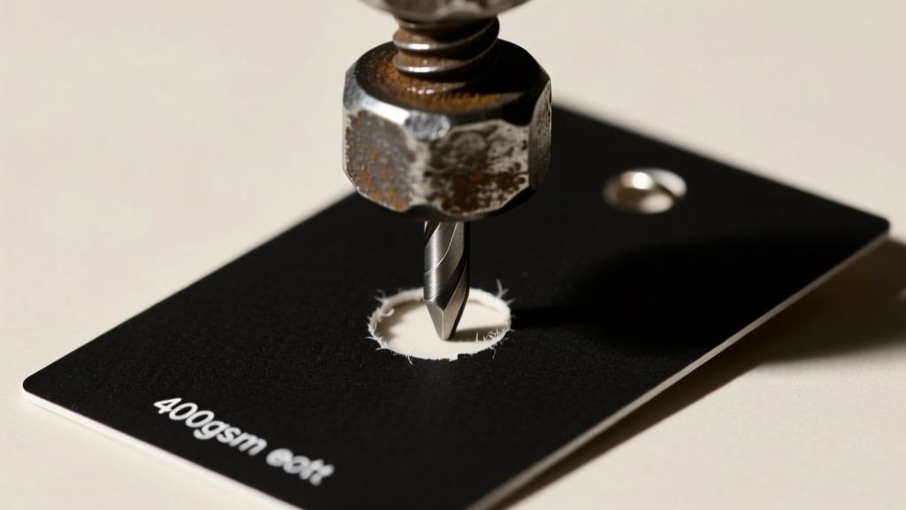 Close-up of a heavy-duty cast iron lever punch pressing a clean 1/16 inch hole through a thick black 400gsm cotton earring card