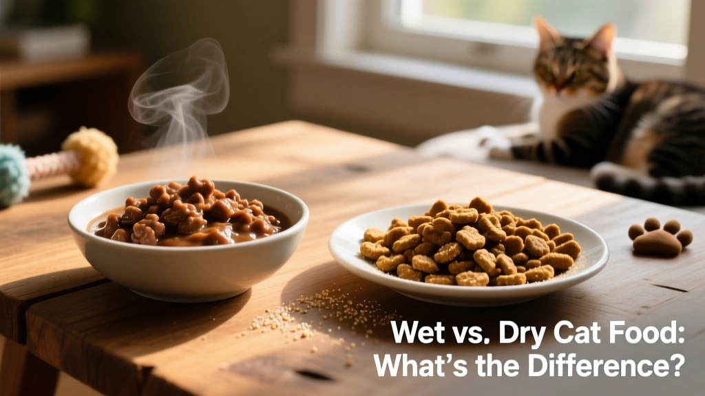 Side-by-side comparison of a bowl of moist, meaty wet cat food and a dish of crunchy kibble