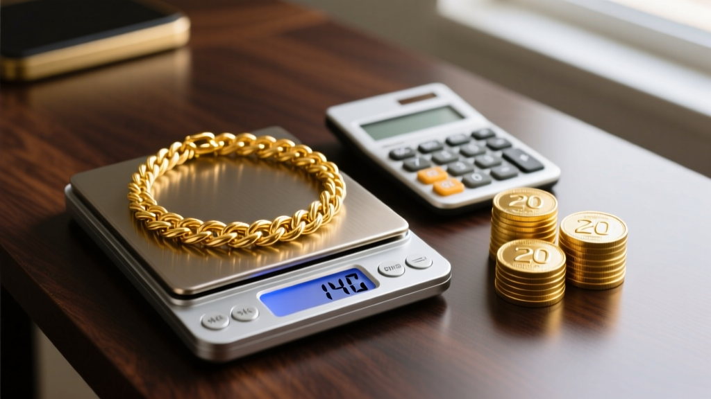 Digital scale weighing a 14k yellow gold rope chain necklace, alongside a calculator and gold coins on a dark wooden desk.