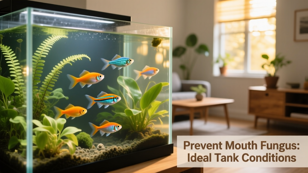 Aquarium setup showing clean water, healthy plants, and calm, well-fed fish—representing ideal conditions to prevent mouth fungus