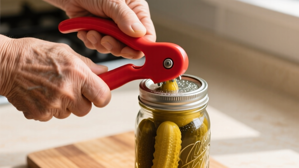 Hands with mild arthritis using a bright red ergonomic lever jar opener to twist off a tight vacuum-sealed glass pickle jar lid