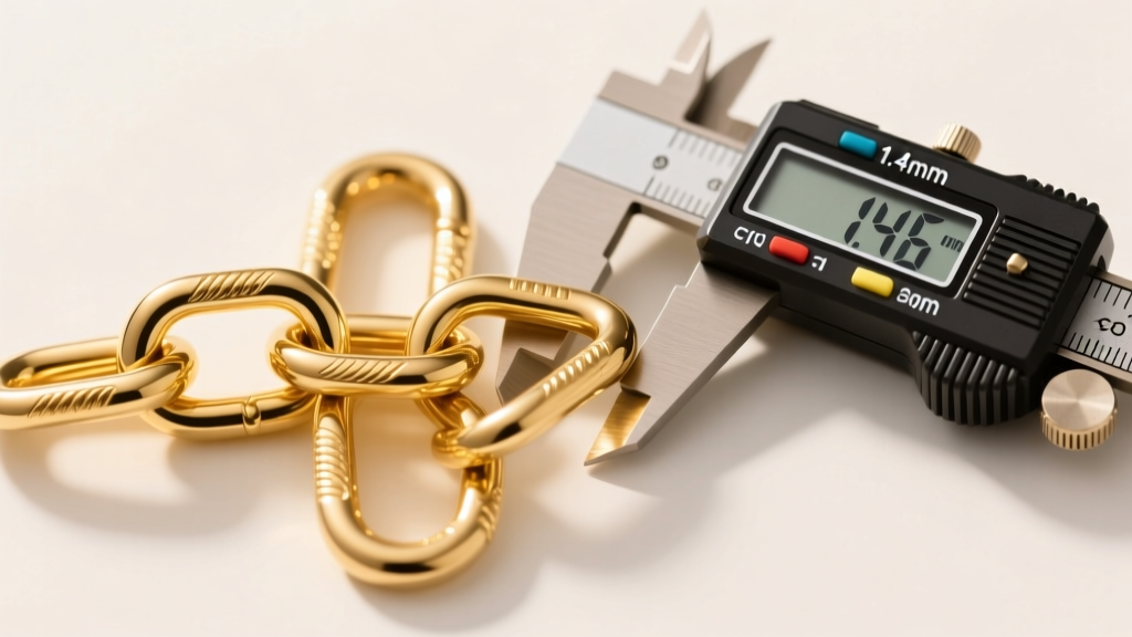Macro shot of three solid gold chain links beside a digital caliper measuring 1.4mm thickness under bright, warm studio lighting.