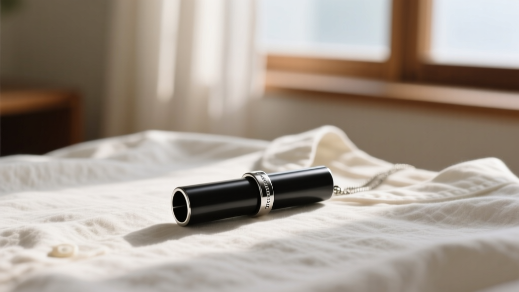 Matte black 316L surgical steel BreatheFree mindfulness tube pendant resting on a textured linen shirt, soft natural lighting