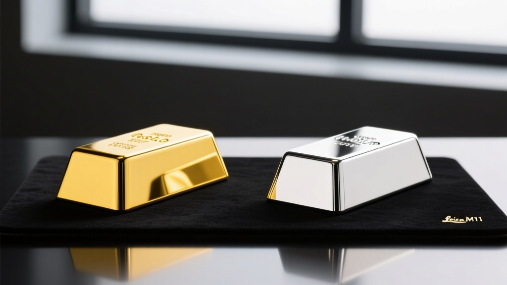 Visual comparison of pure yellow gold versus the silvery tone of a palladium white gold alloy ingot resting on a dark jeweler mat