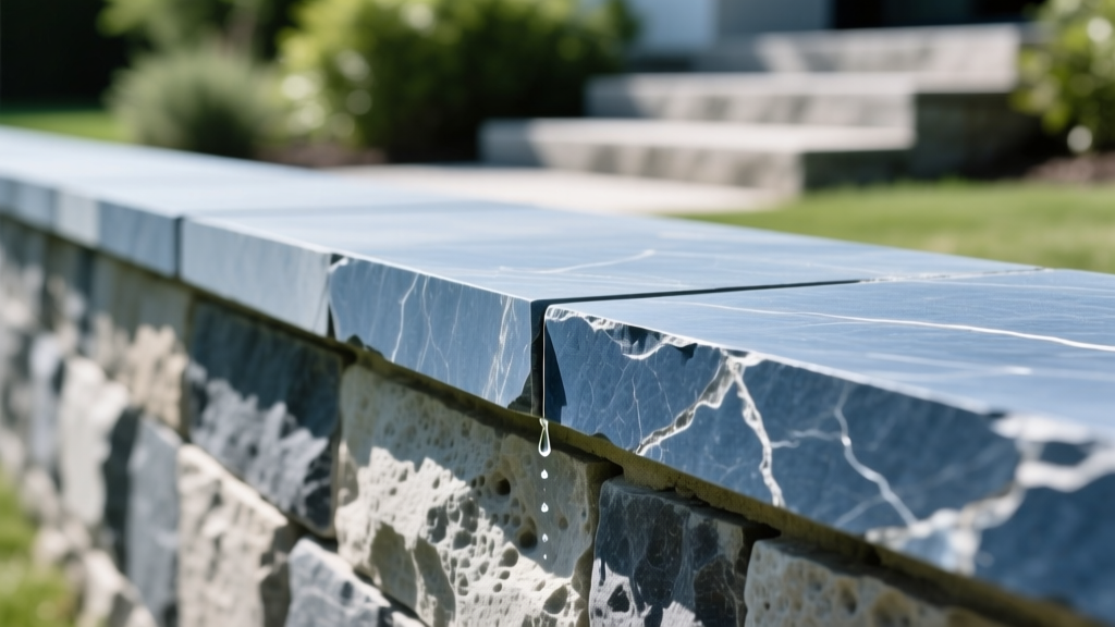 Close-up of a pitched bluestone veneer cap with a visible drip kerf installed on a limestone retaining wall outdoors