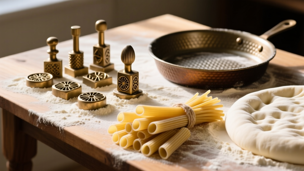 Wooden table dusted with semolina flour, featuring bronze pasta dies, a dimpled focaccia pan, and fresh extruded rigatoni