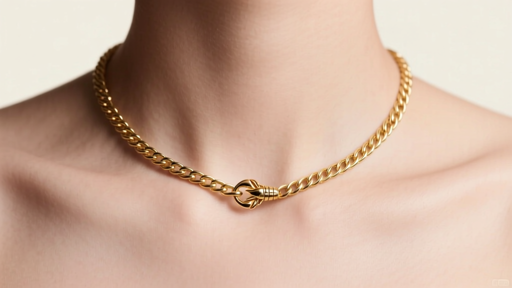 16-inch 14k gold cable chain resting on a collarbone, soft studio lighting highlighting delicate links and a small lobster clasp.