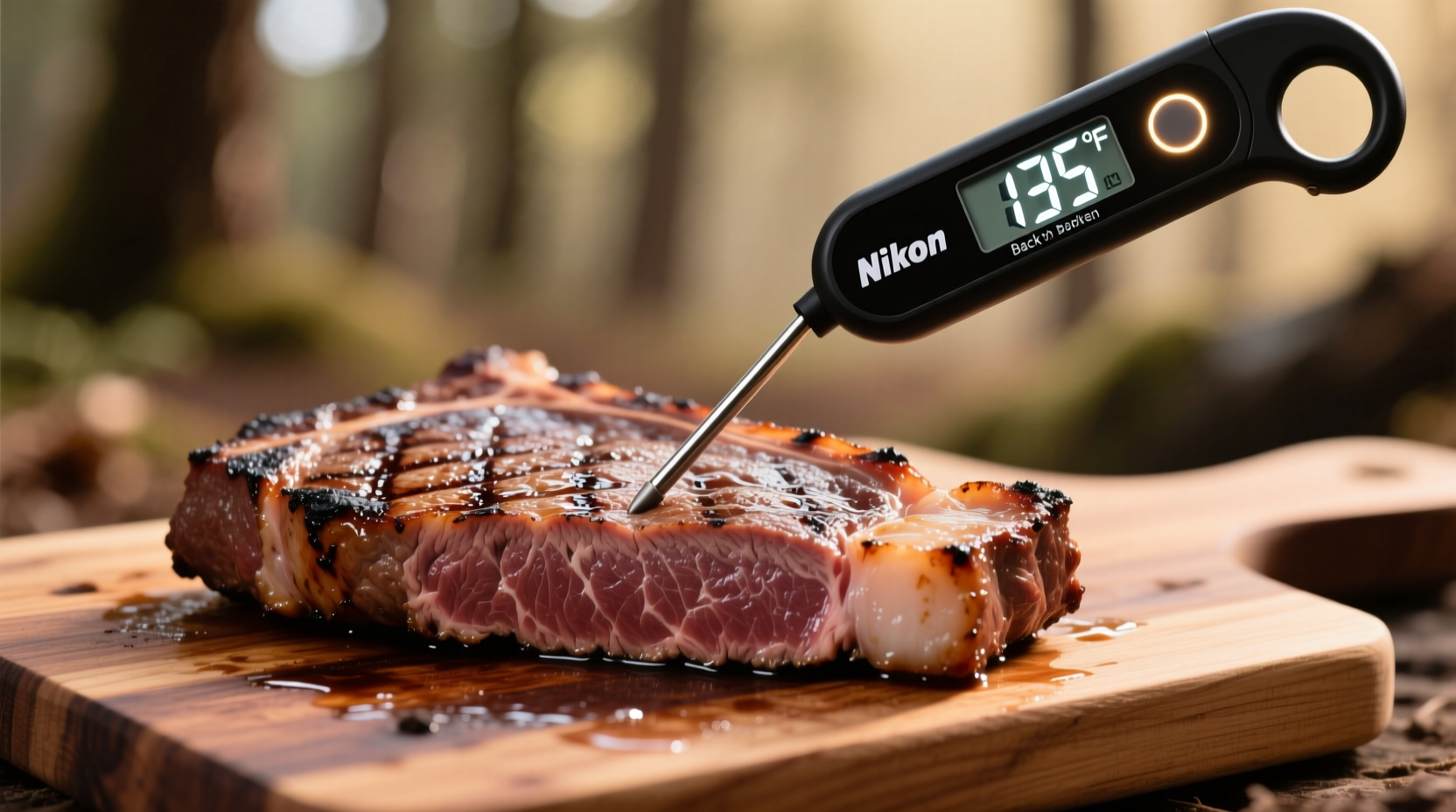 Digital meat thermometer measuring venison backstrap temperature