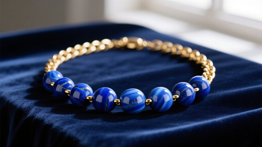 Striking blue statement necklace with large polished lapis lazuli beads on a thick gold chain resting on a dark velvet backdrop.
