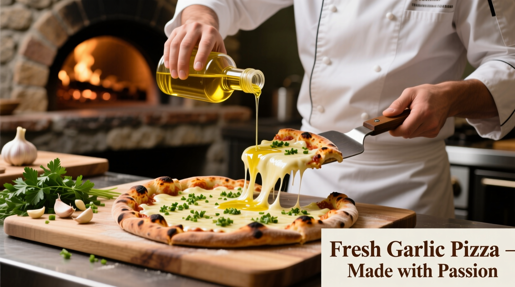 Chef preparing garlic pizza with fresh ingredients