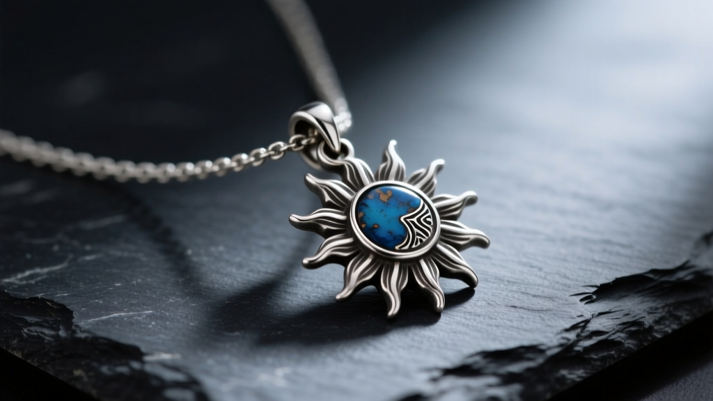 Macro shot of tarnished sterling silver sun charm necklace on dark slate, highlighting intricate rays and oxidized metal crevices.