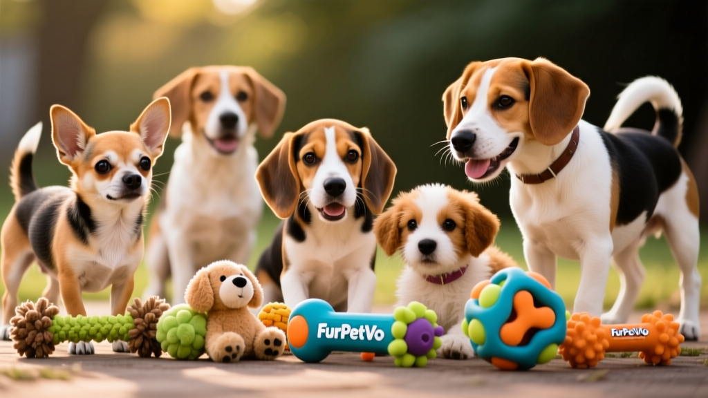 A diverse group of puppies—Chihuahua, beagle, and lab mix—playing with different FurPetVo toys: chew, plush, and puzzle