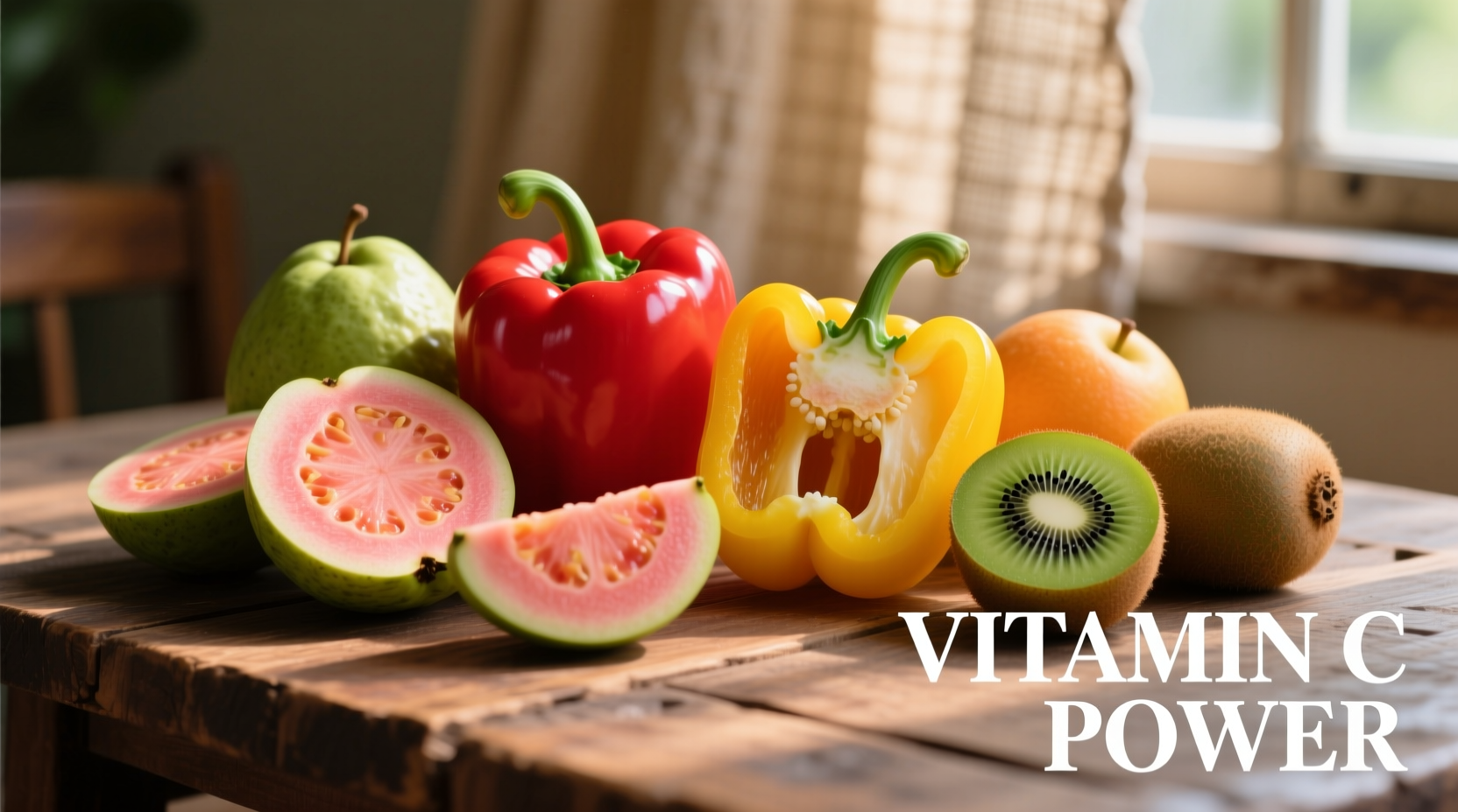 Colorful array of vitamin C rich foods including guava, bell peppers, and kiwi