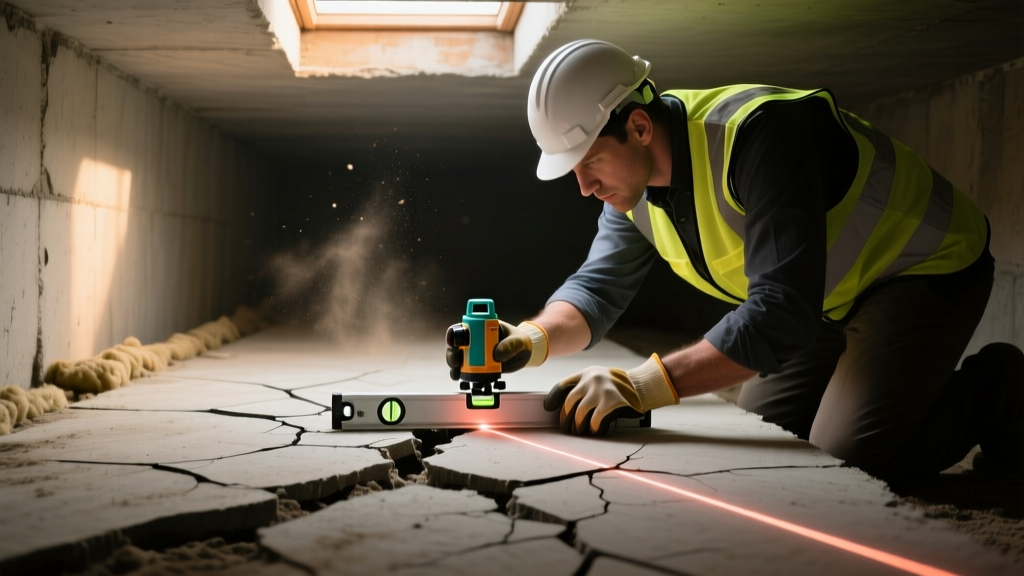 Structural engineer using a laser level to measure differential settlement on a cracked concrete slab in a residential crawl space