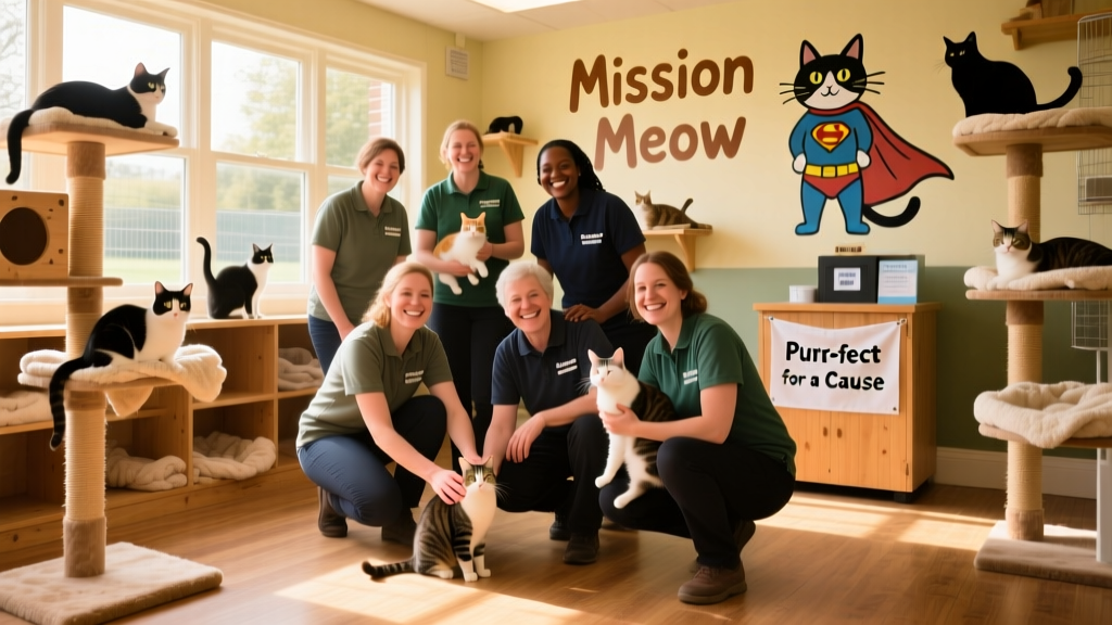 A joyful group photo of volunteers and staff at Catsbury Park, surrounded by cats in a bright, welcoming shelter space