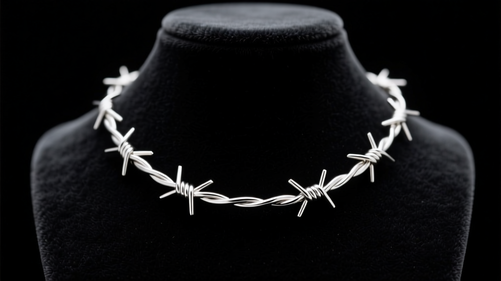 Close-up of a polished 14-gauge sterling silver barb wire necklace resting on a black velvet display bust, soft studio lighting.