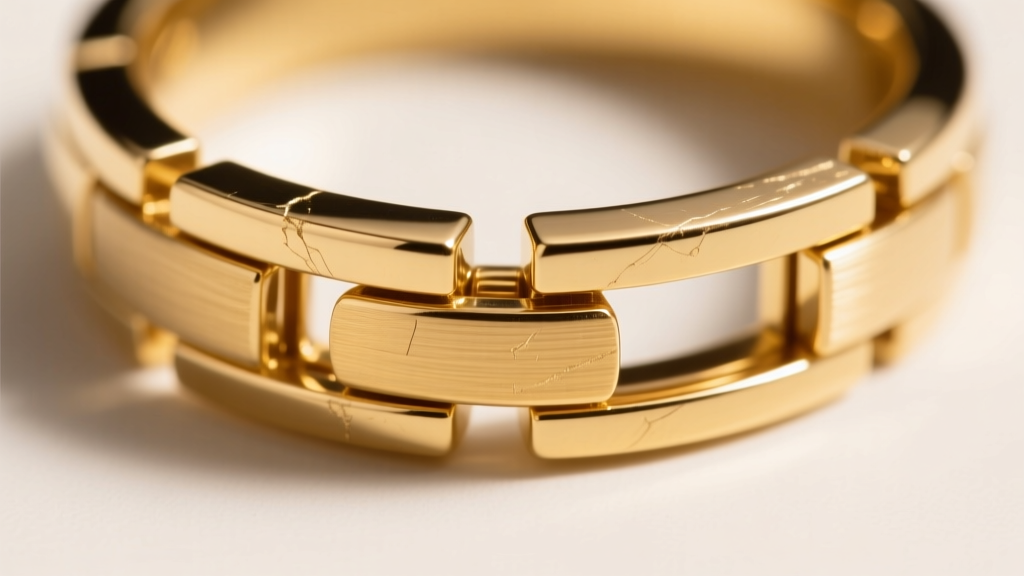 Macro view of an 18k gold hinged segment ring clasp mechanism showing the interlocking groove and pin under bright studio lighting