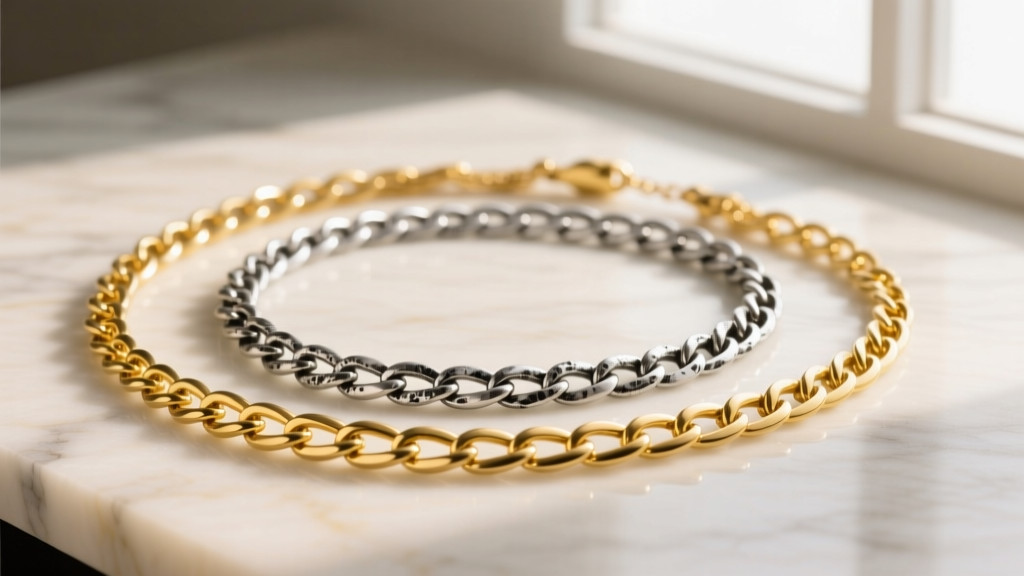 Elegant flat lay of intertwined 14k yellow gold and oxidized sterling silver chain necklaces on cream marble, soft lighting