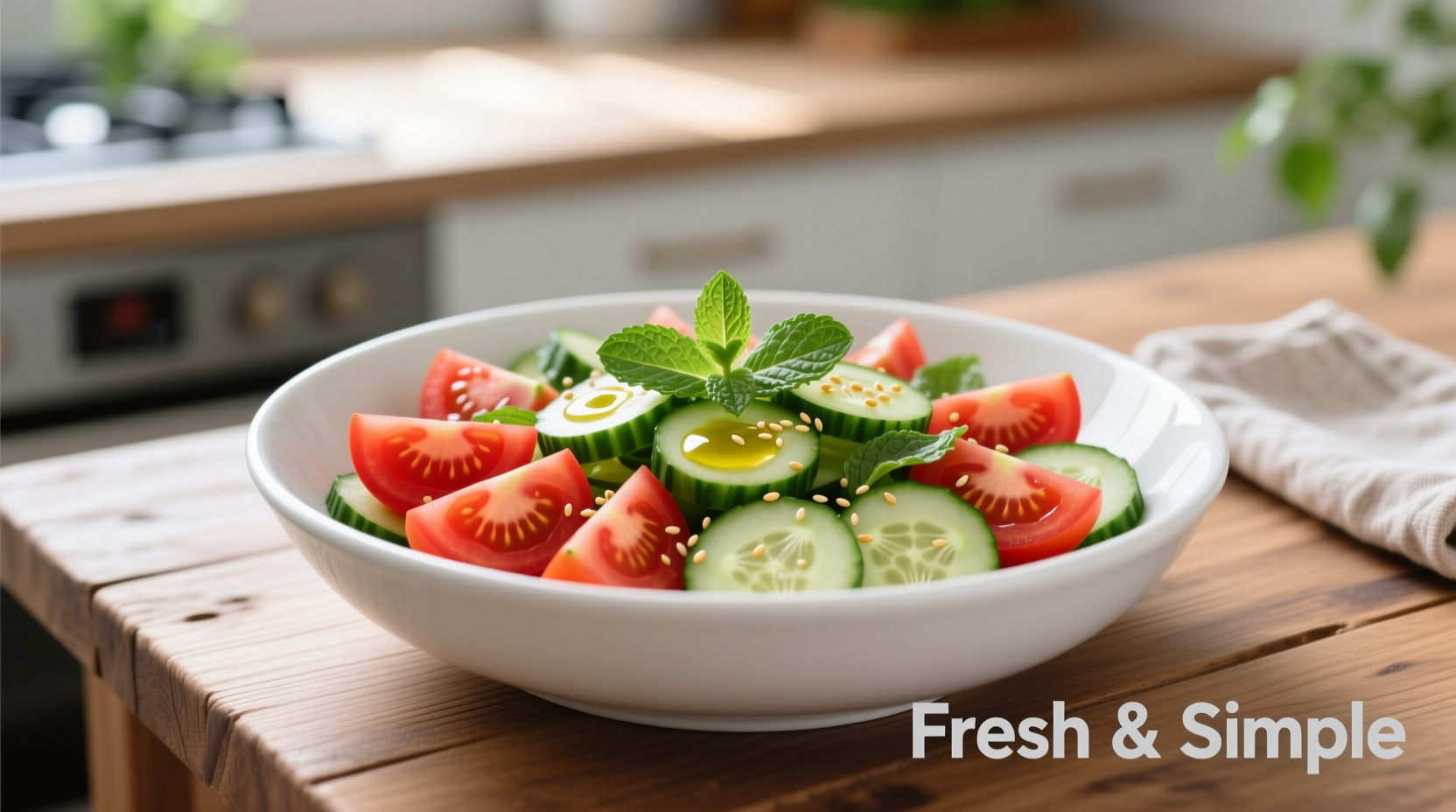 Fresh tomato cucumber salad in white bowl
